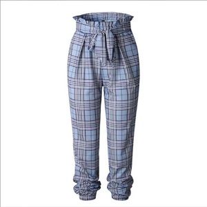 Plaid cinch waist trouser pant
